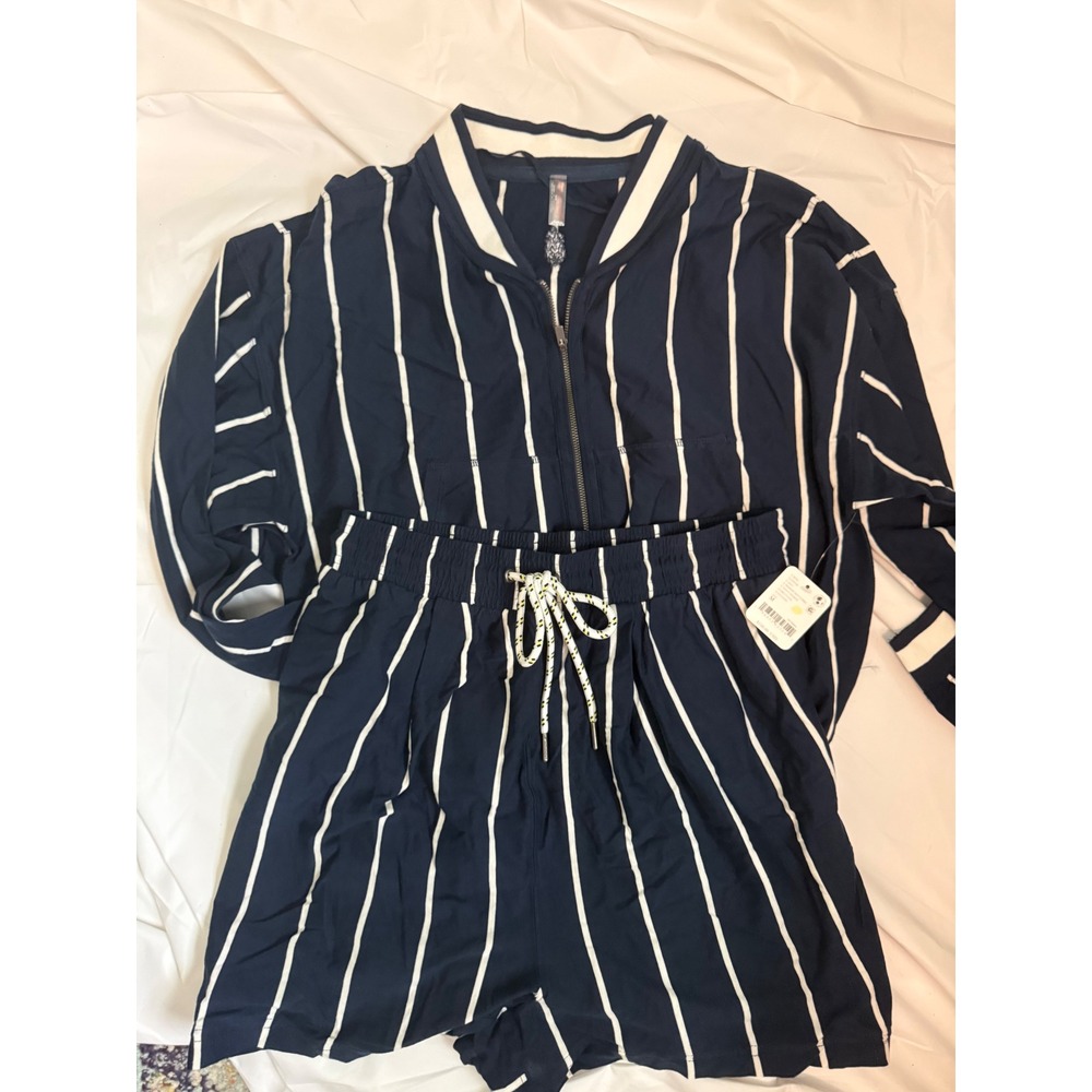 Free People Movement Navy White Striped Jacket and Shorts Set Medium NEW